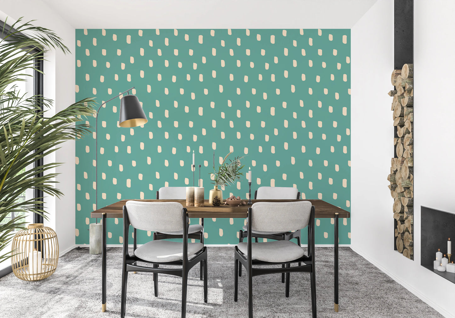 Mid Mod Wildflower Dots - Teal Beige Wallpaper⁠