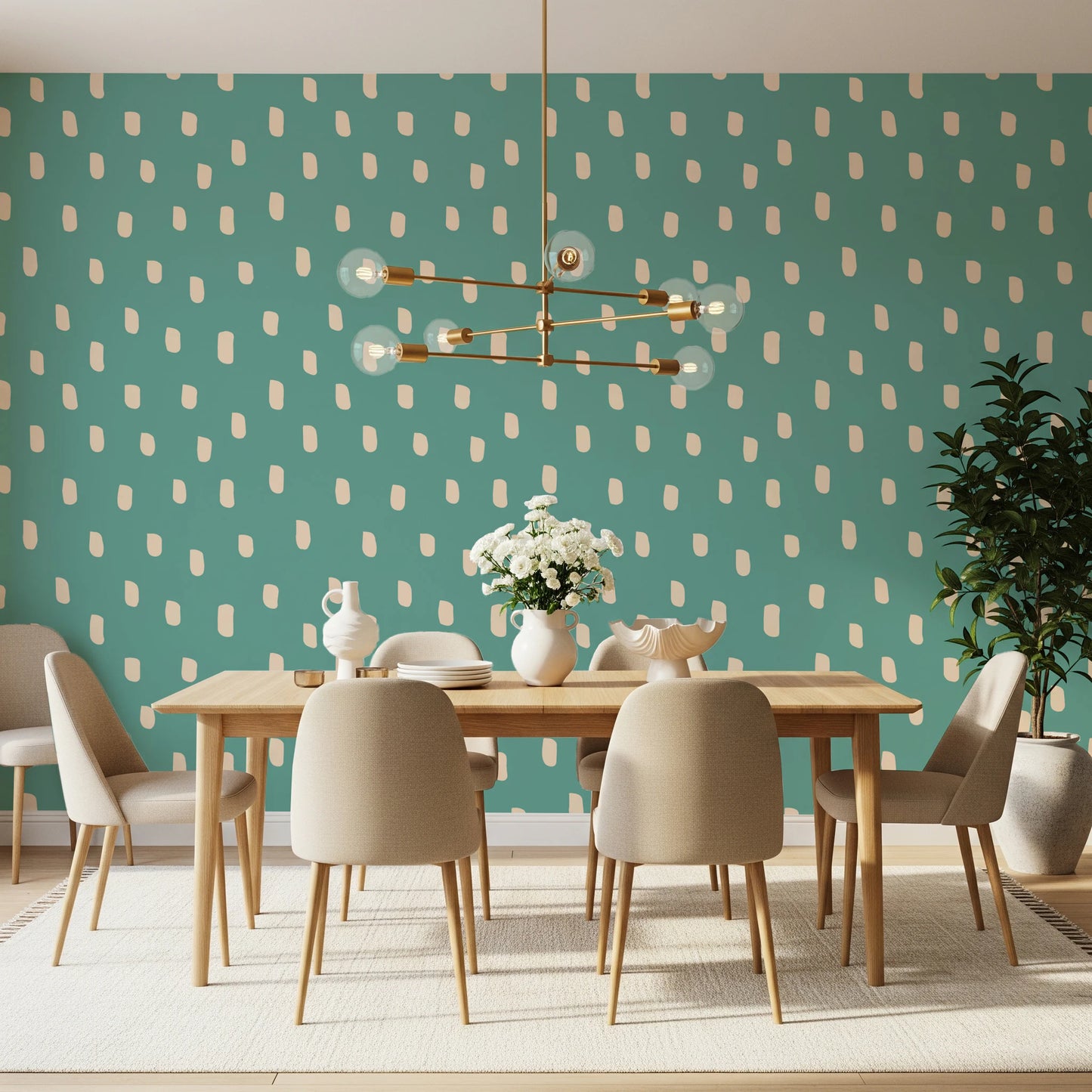 Mid Mod Wildflower Dots - Teal Beige Wallpaper⁠