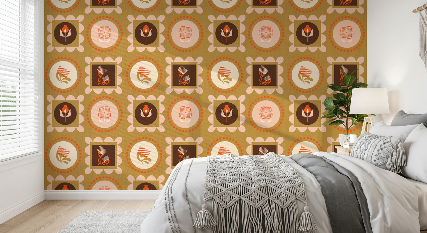 Mid Mod Wildflower Frames - Botanical Collage Cream Terracotta  Wallpaper⁠