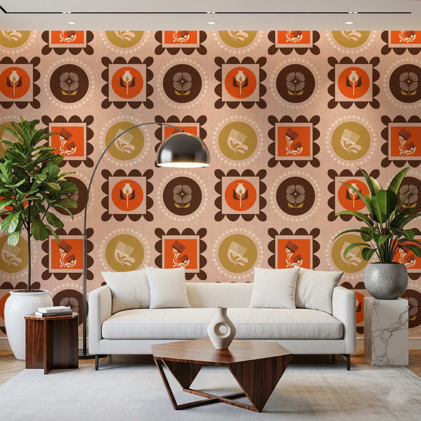 Mid Mod Wildflower Frames - Botanical Collage Ocher Terracotta  Wallpaper⁠