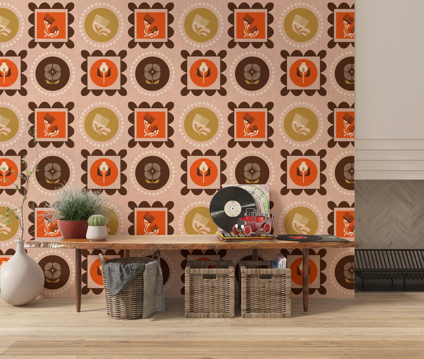 Mid Mod Wildflower Frames - Botanical Collage Ocher Terracotta  Wallpaper⁠