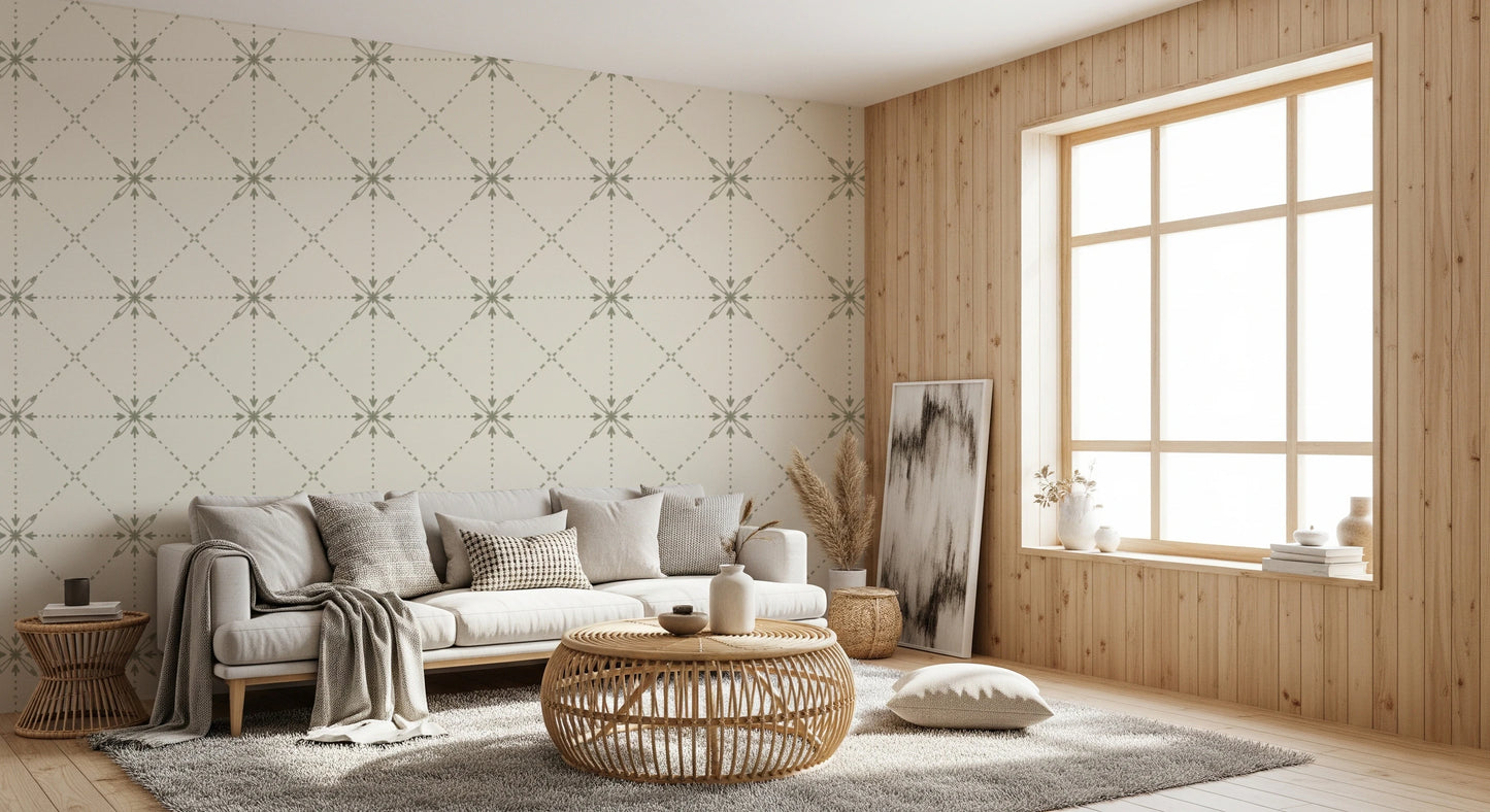 Sashiko Hana-Goshi - Latticed Flower Stitch Sage Wallpaper⁠