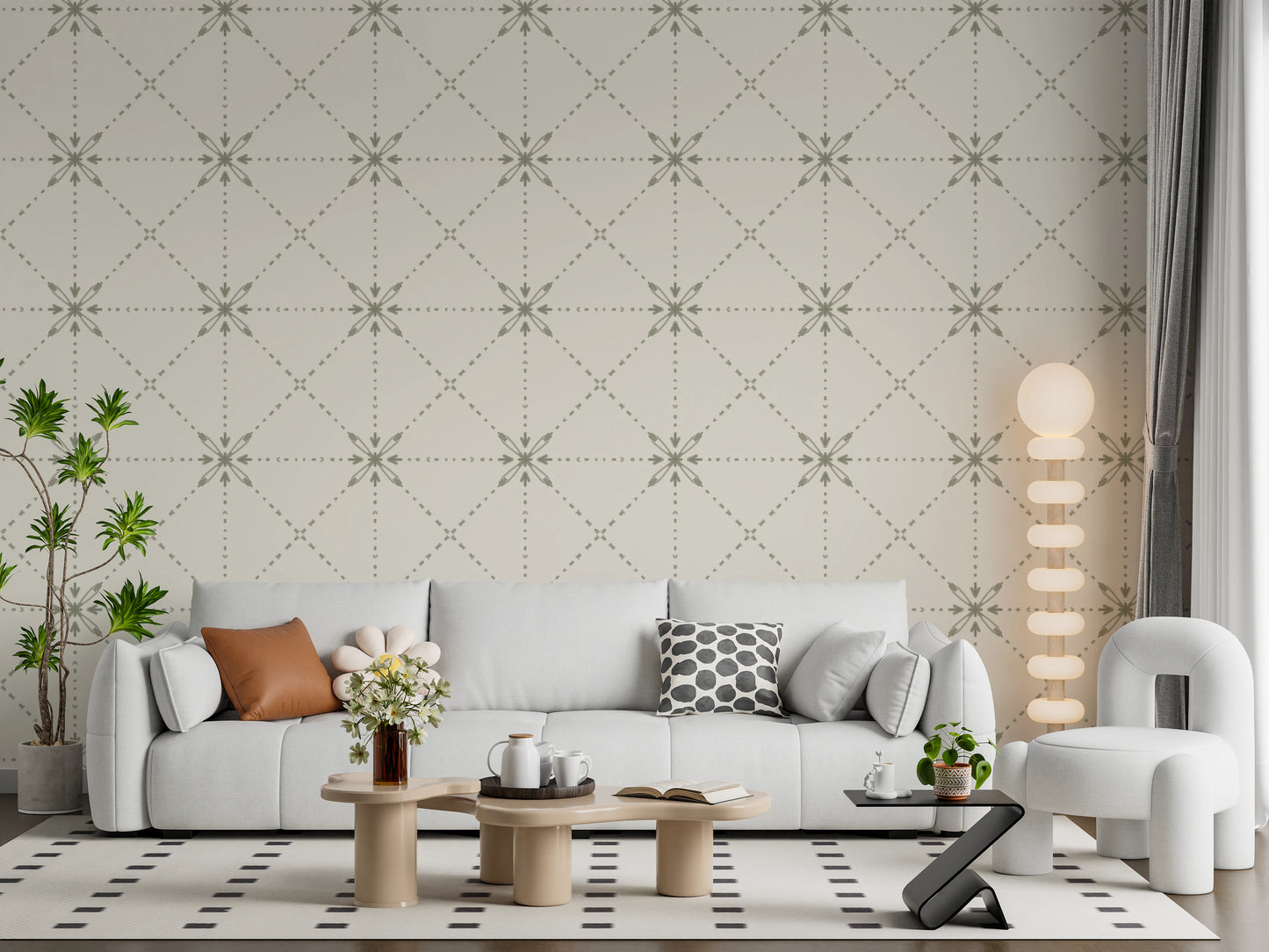 Sashiko Hana-Goshi - Latticed Flower Stitch Sage Wallpaper⁠