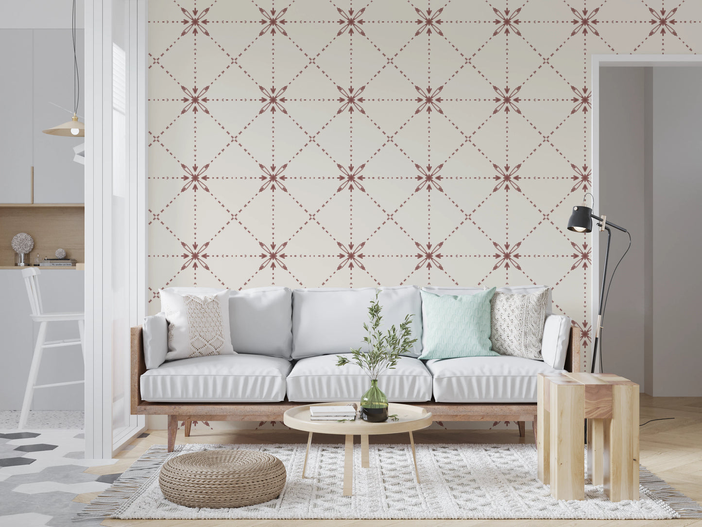 Sashiko Hana-Goshi - Latticed Flower Stitch Terracotta Wallpaper⁠