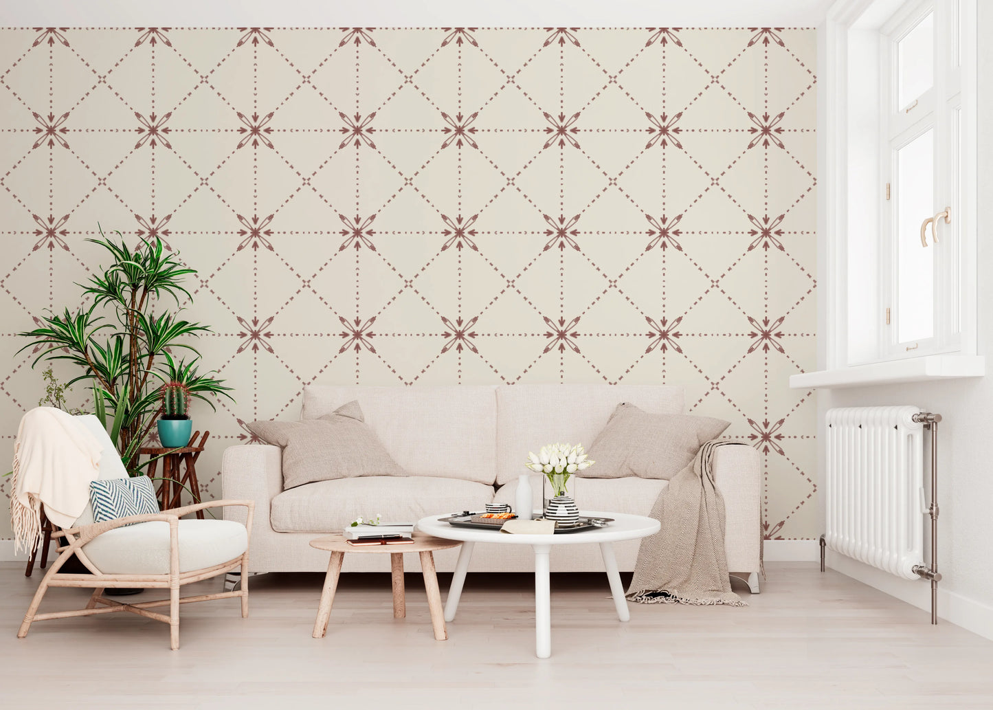 Sashiko Hana-Goshi - Latticed Flower Stitch Terracotta Wallpaper⁠