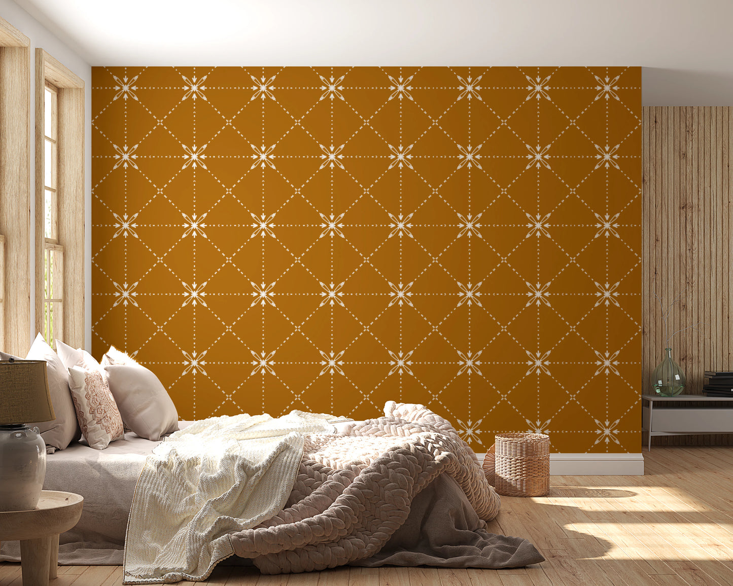 Sashiko Hana-Goshi - Latticed Flower Stitch On Gold Wallpaper⁠