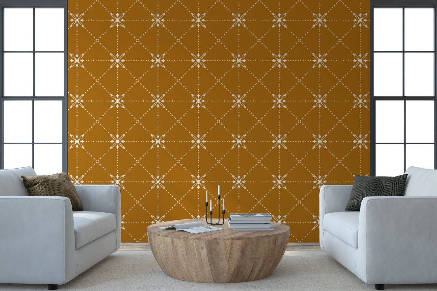 Sashiko Hana-Goshi - Latticed Flower Stitch On Gold Wallpaper⁠