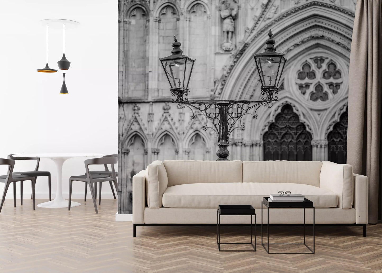 Living room with Gothic Light Wall Mural and a grand Gothic window backdrop, GD8889