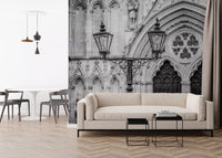 Living room with Gothic Light Wall Mural and a grand Gothic window backdrop, GD8889