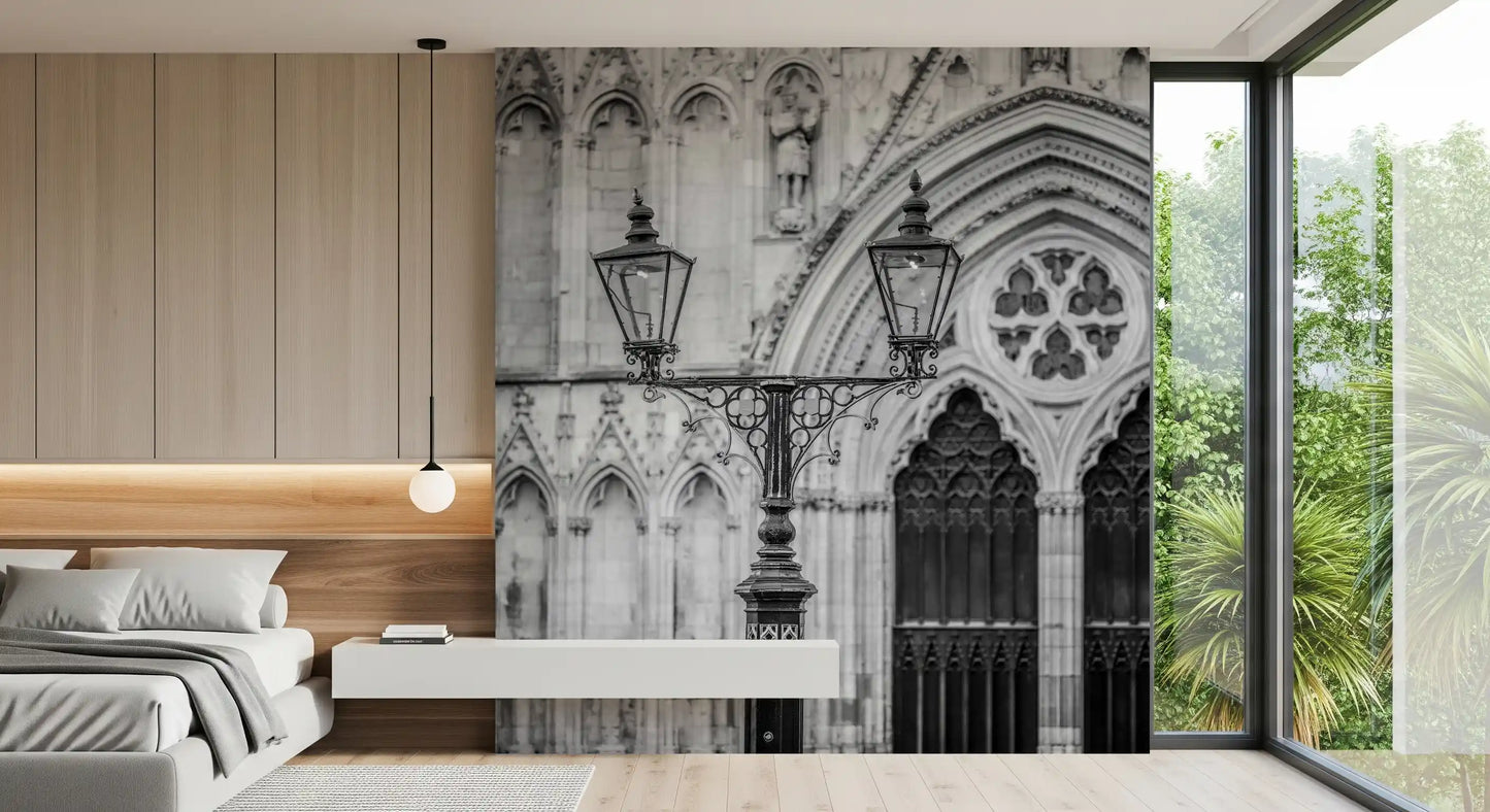 Bedroom nook with Gothic Light Wall Mural and elegant architectural detailing, GD8889
