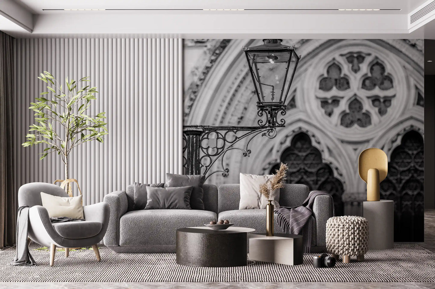 Lounge with Gothic Light Wall Mural and moody cathedral-inspired scenery, GD8889
