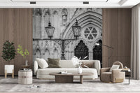 Living room with Gothic Light Wall Mural and soft monochrome Gothic arches, GD8889