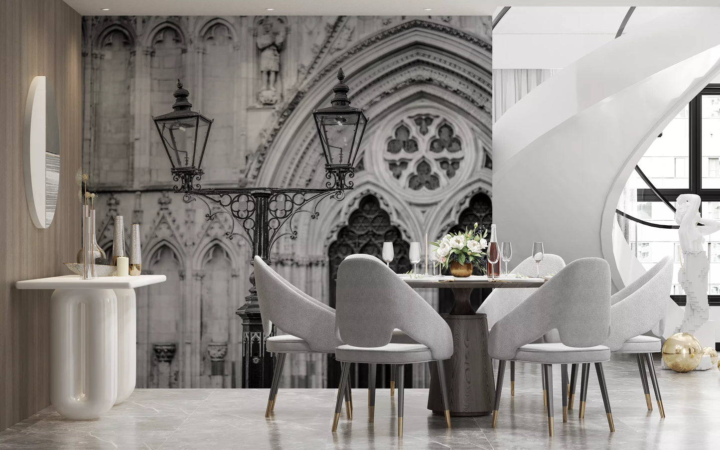 Dining corner with Gothic Light Wall Mural and historic stonework character, GD8889