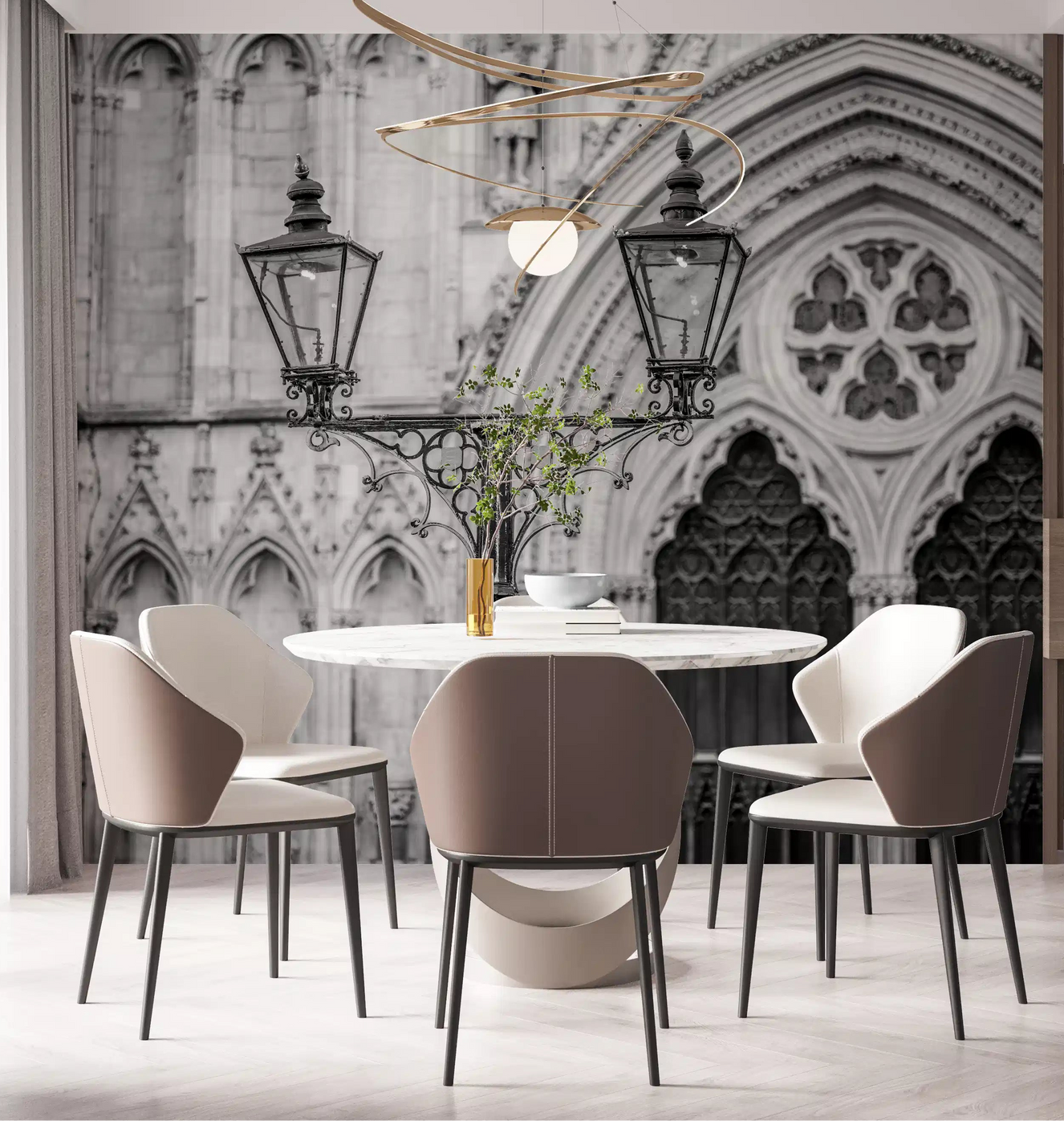 Dining room with Gothic Light Wall Mural and dramatic cathedral arch details