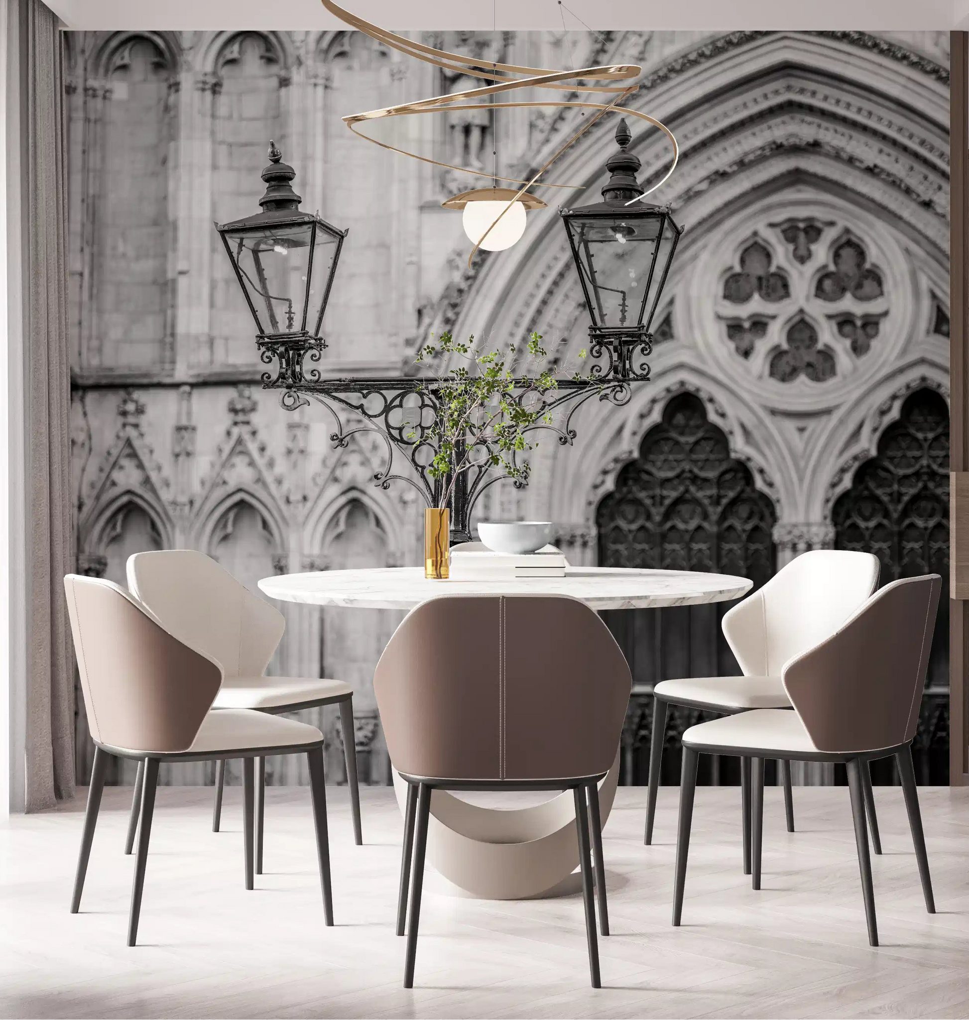 Dining room with Gothic Light Wall Mural and dramatic cathedral arch details, GD8889