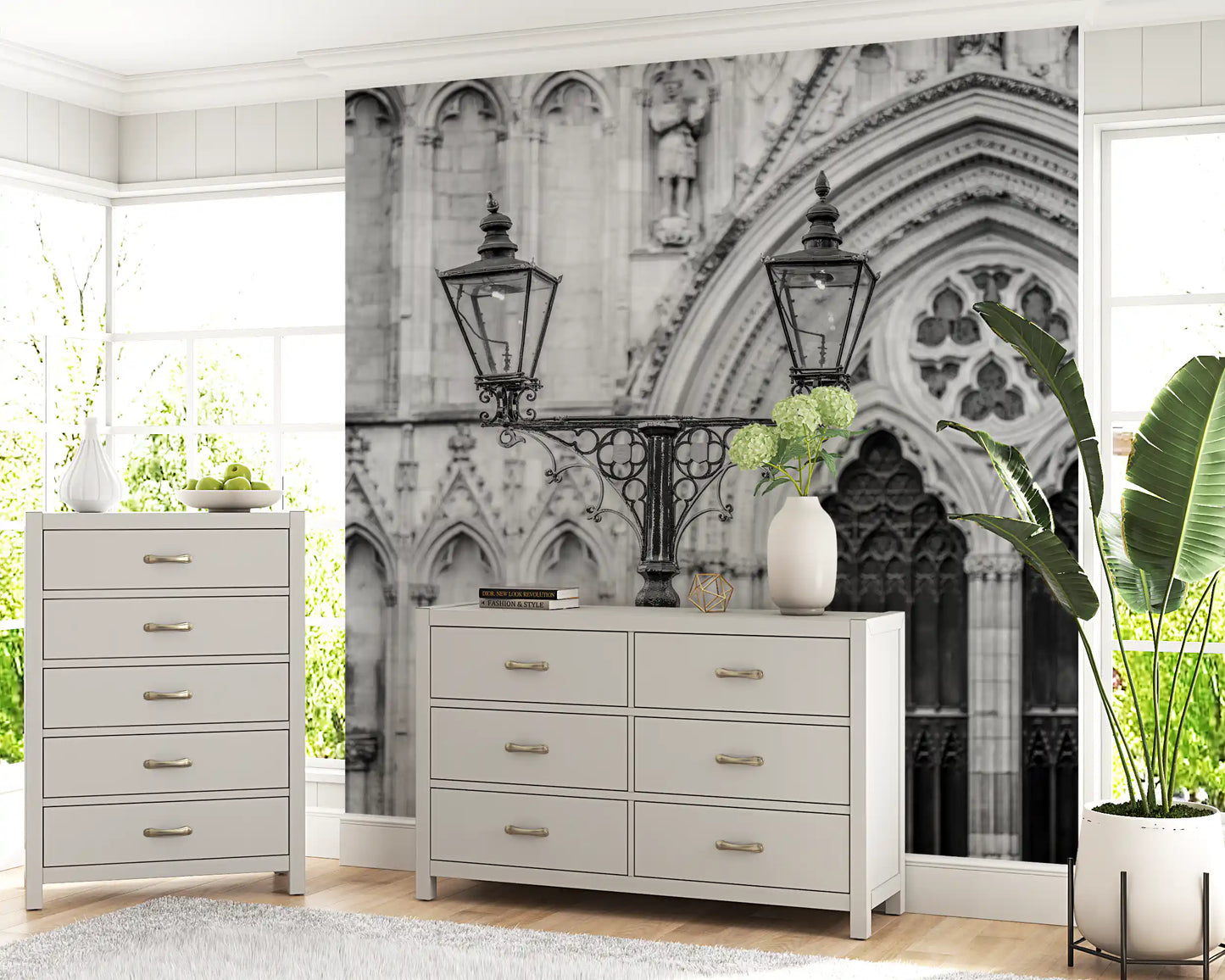 Living room nook with Gothic Light Wall Mural and classic cathedral motifs, GD8889