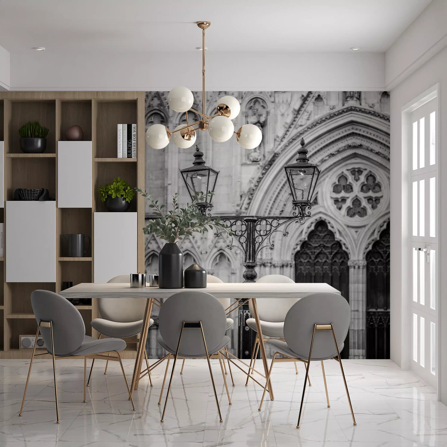 Dining space with Gothic Light Wall Mural and bold black and white arches, GD8889