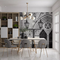 Dining space with Gothic Light Wall Mural and bold black and white arches, GD8889