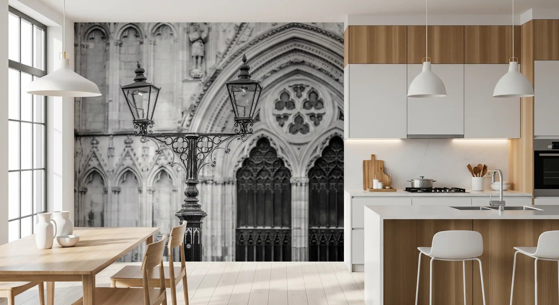 Kitchen dining area with Gothic Light Wall Mural and striking stone arches, GD8889