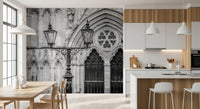 Kitchen dining area with Gothic Light Wall Mural and striking stone arches, GD8889