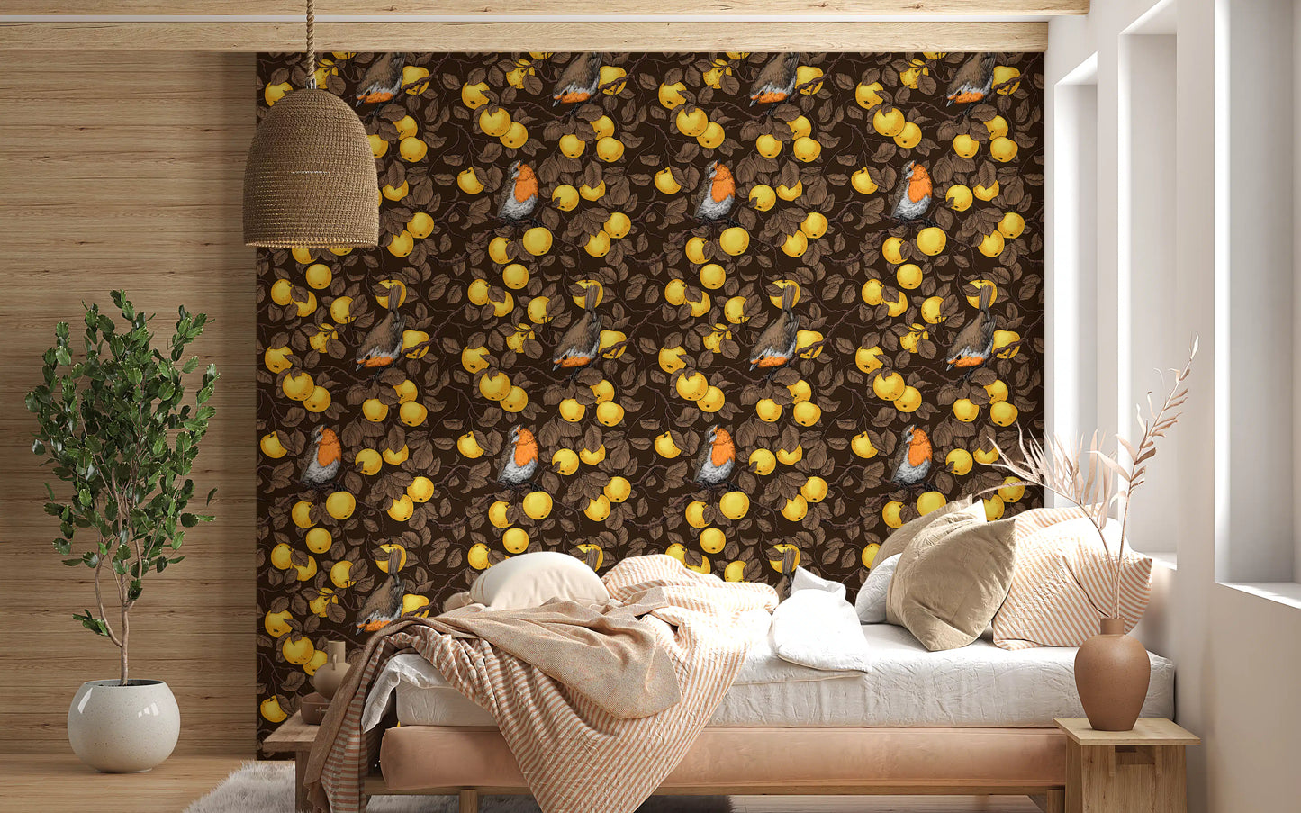 Robins in the apple tree/yellow and dark brown Wallpaper⁠