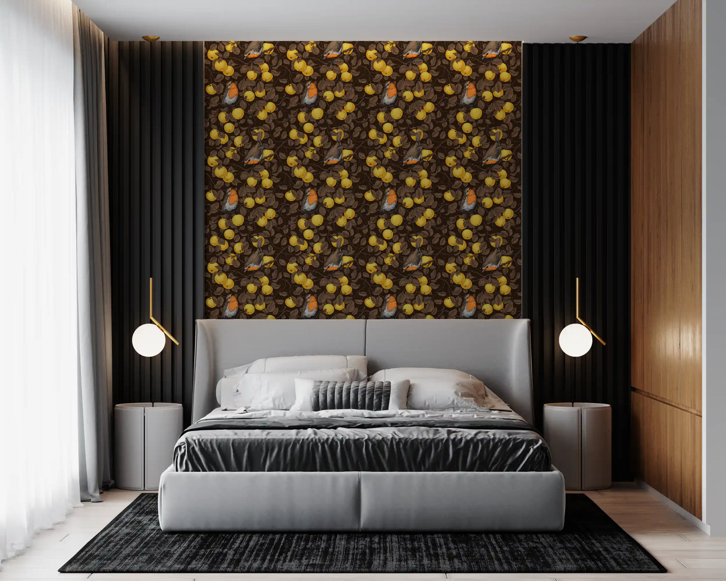 Robins in the apple tree/yellow and dark brown Wallpaper⁠