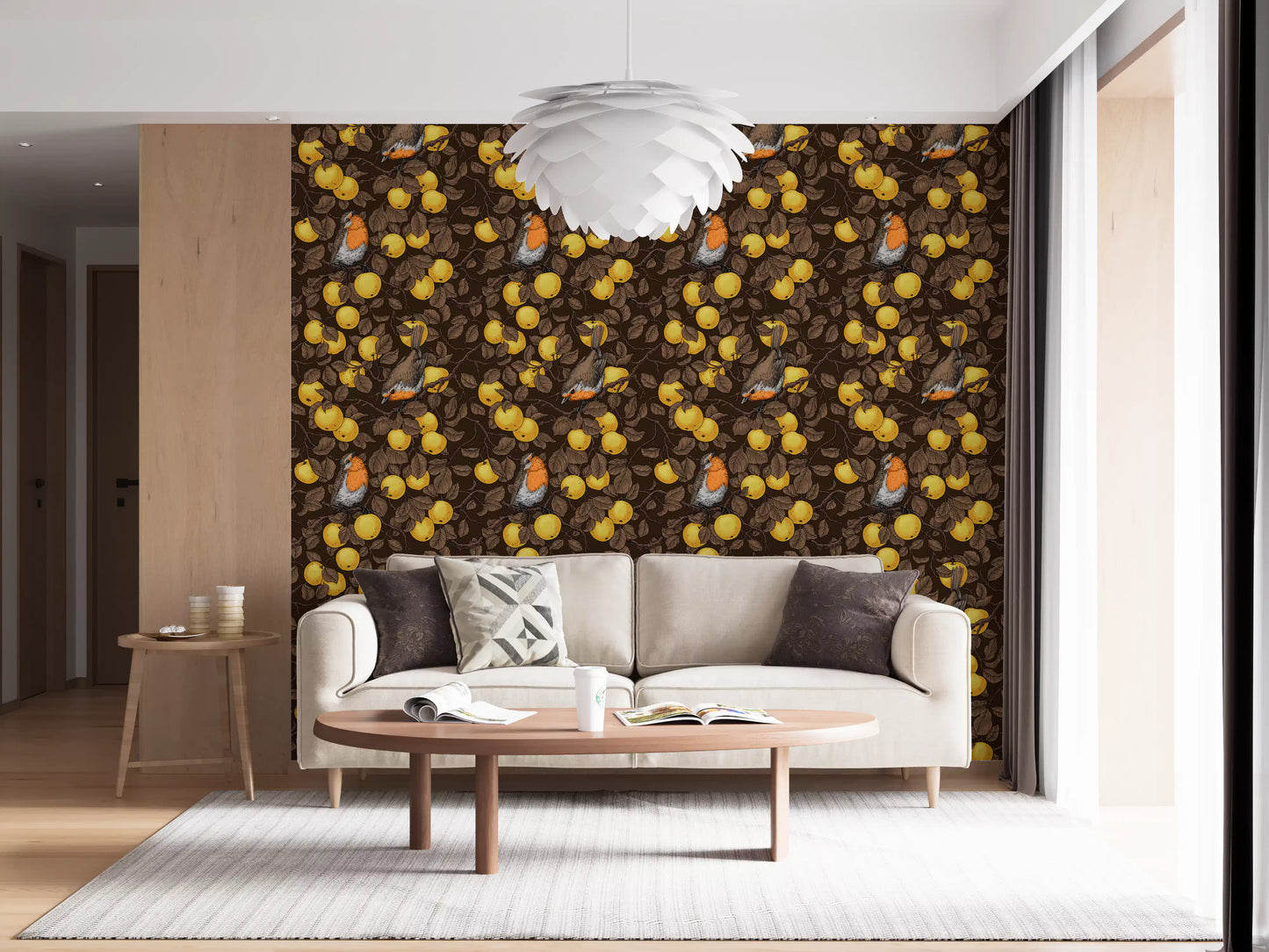 Robins in the apple tree/yellow and dark brown Wallpaper⁠