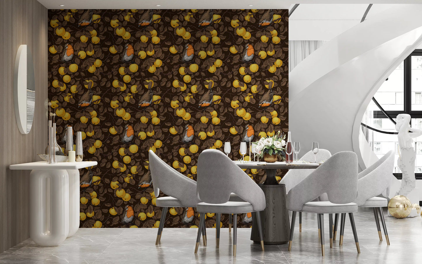Robins in the apple tree/yellow and dark brown Wallpaper⁠