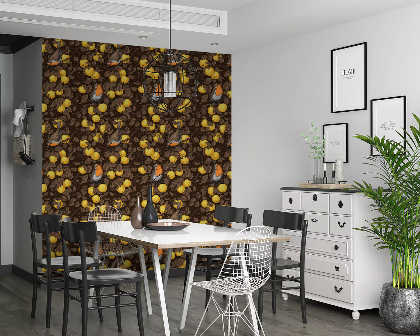 Robins in the apple tree/yellow and dark brown Wallpaper⁠