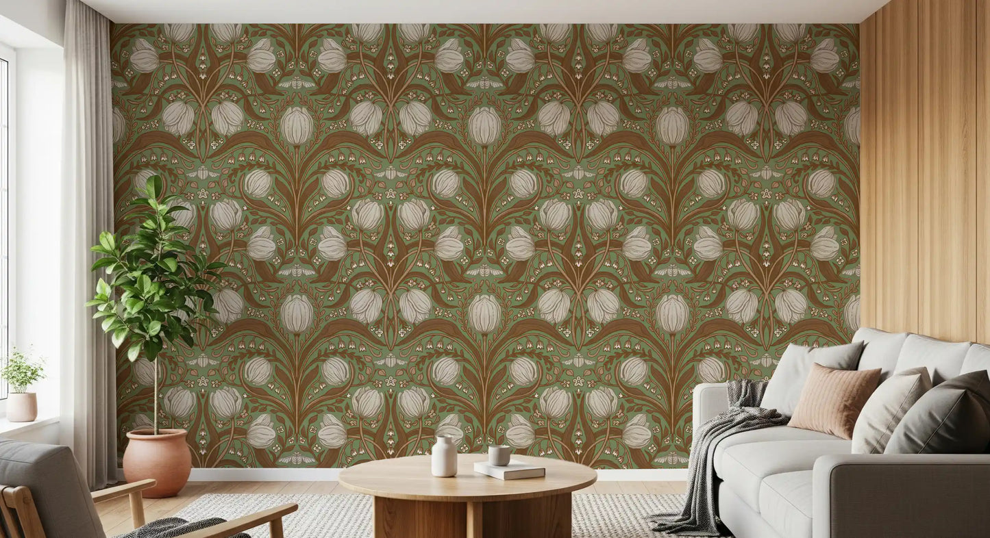 Retro Nouveau Tulips in sage and brown Wallpaper⁠