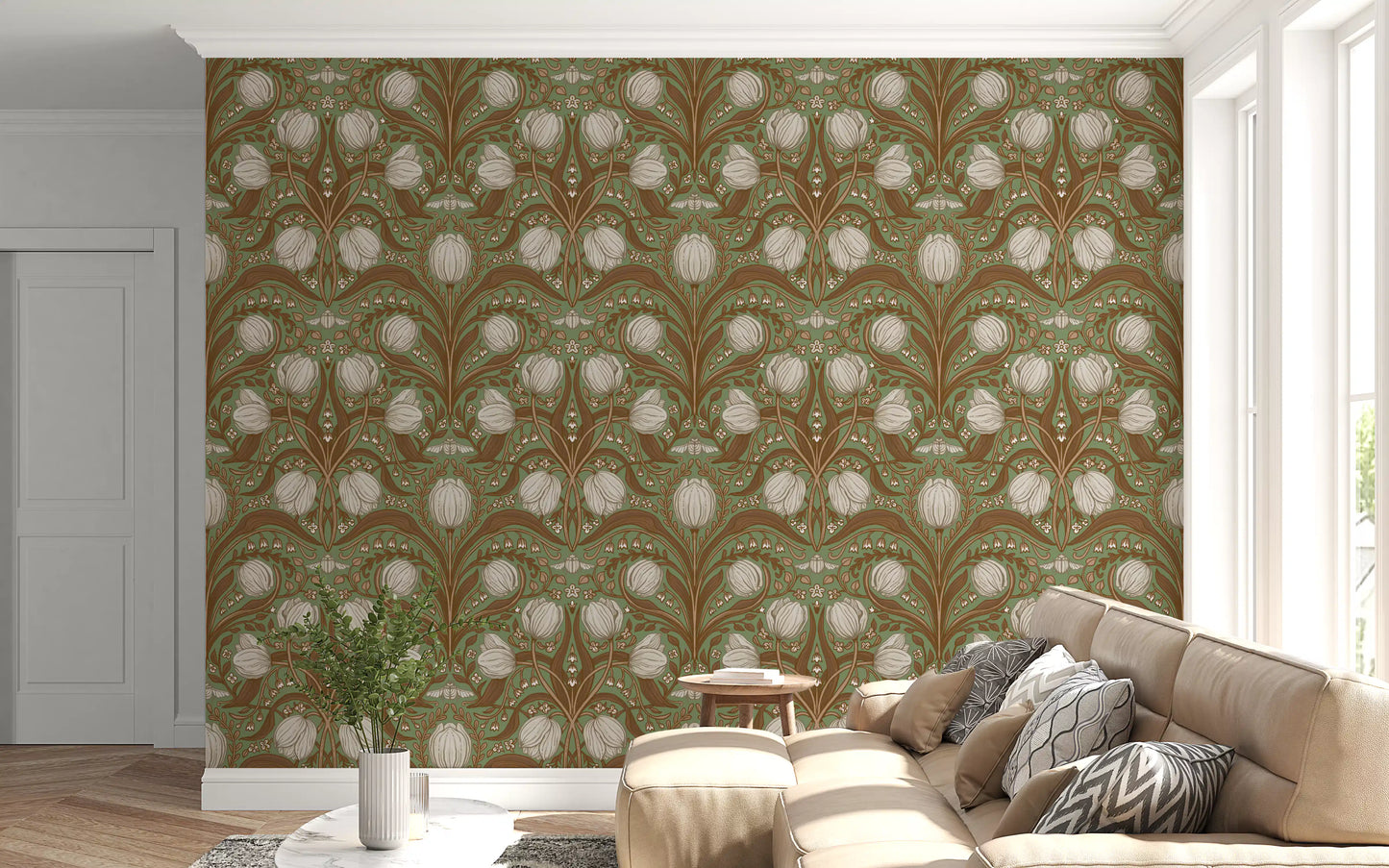 Retro Nouveau Tulips in sage and brown Wallpaper⁠