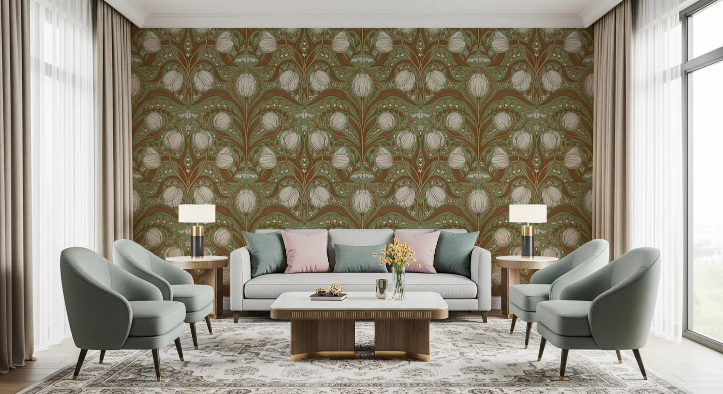 Retro Nouveau Tulips in sage and brown Wallpaper⁠