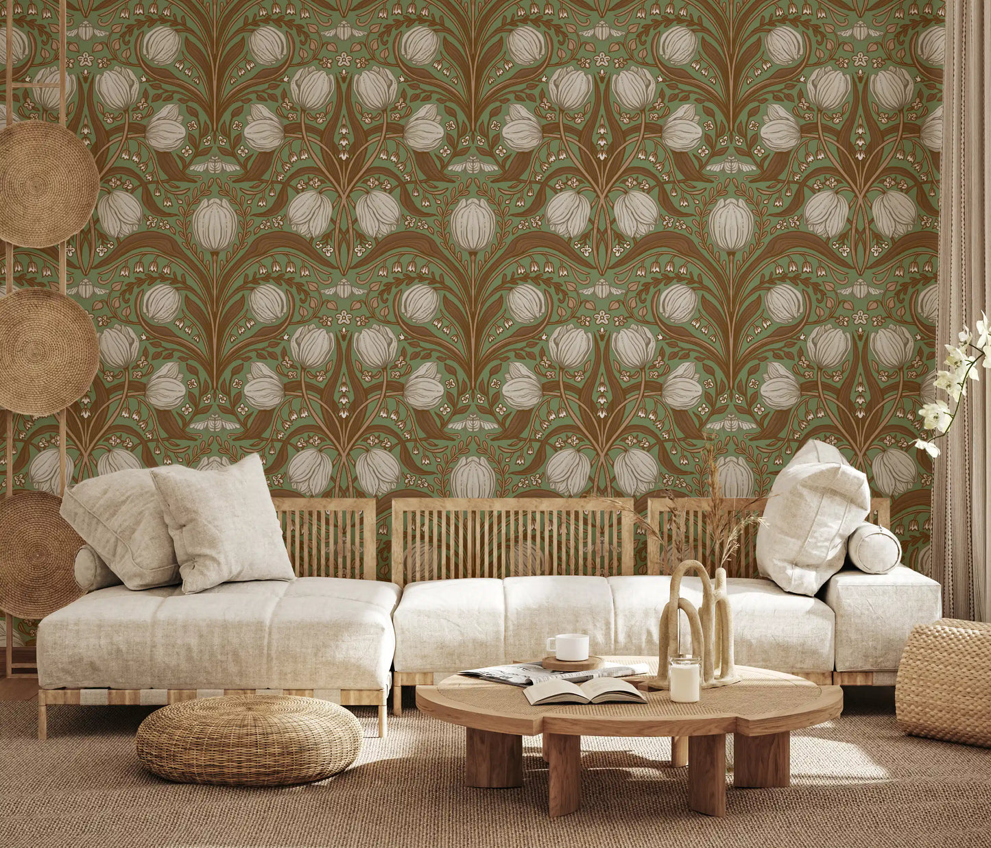 Retro Nouveau Tulips in sage and brown Wallpaper⁠