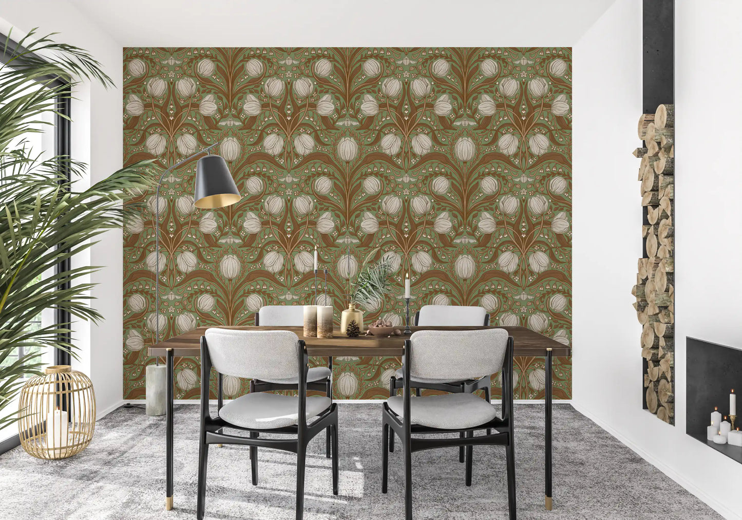 Retro Nouveau Tulips in sage and brown Wallpaper⁠