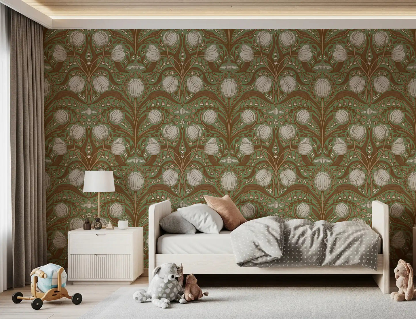 Retro Nouveau Tulips in sage and brown Wallpaper⁠