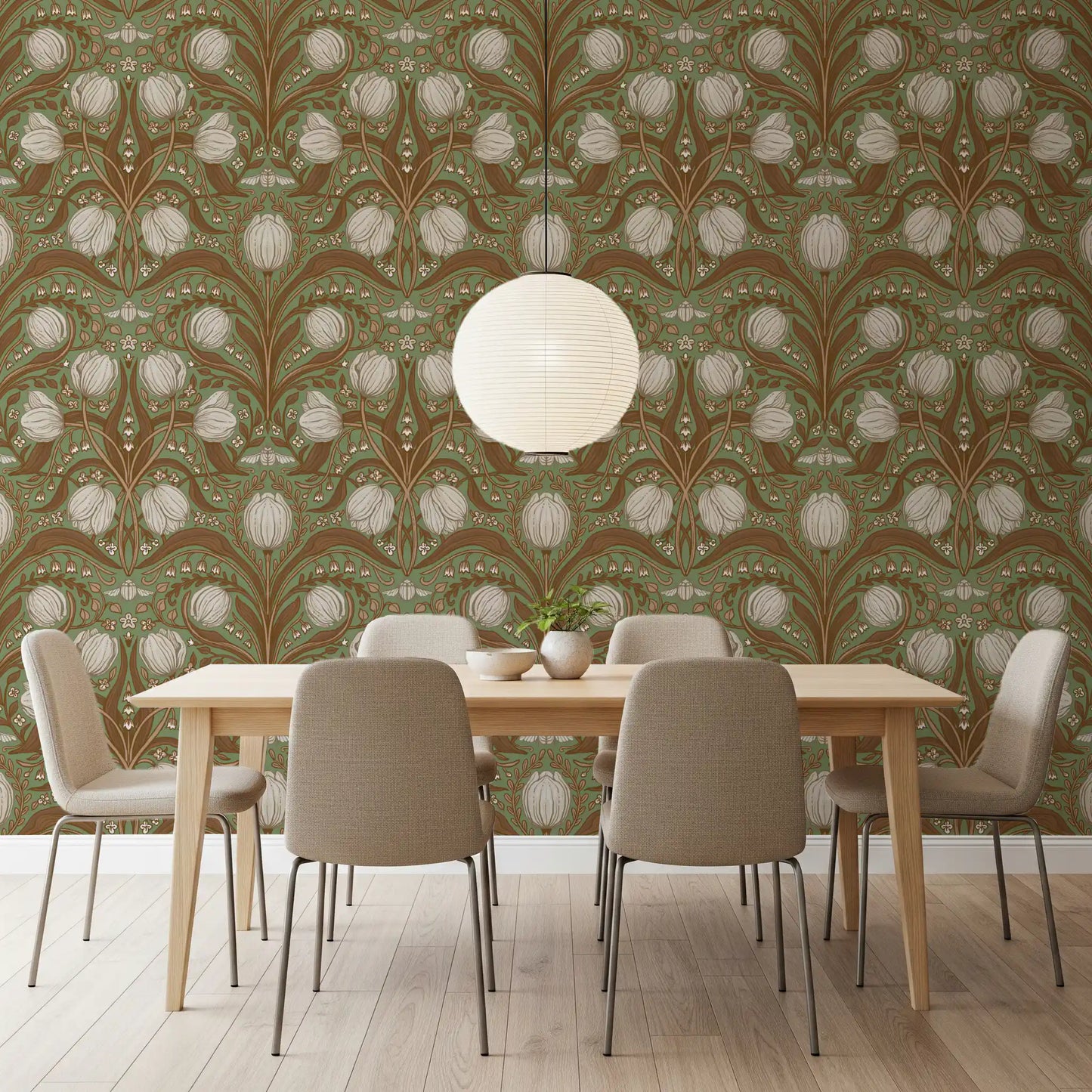 Retro Nouveau Tulips in sage and brown Wallpaper⁠