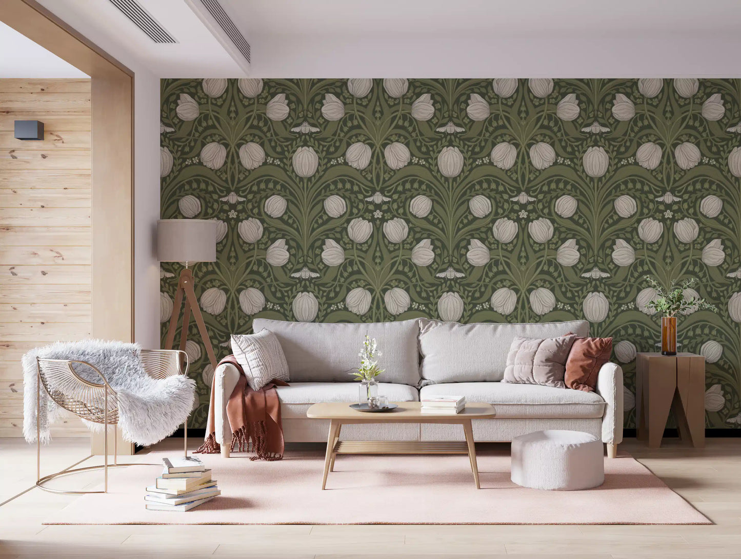 Retro Nouveau Tulips in orange and teal Wallpaper⁠