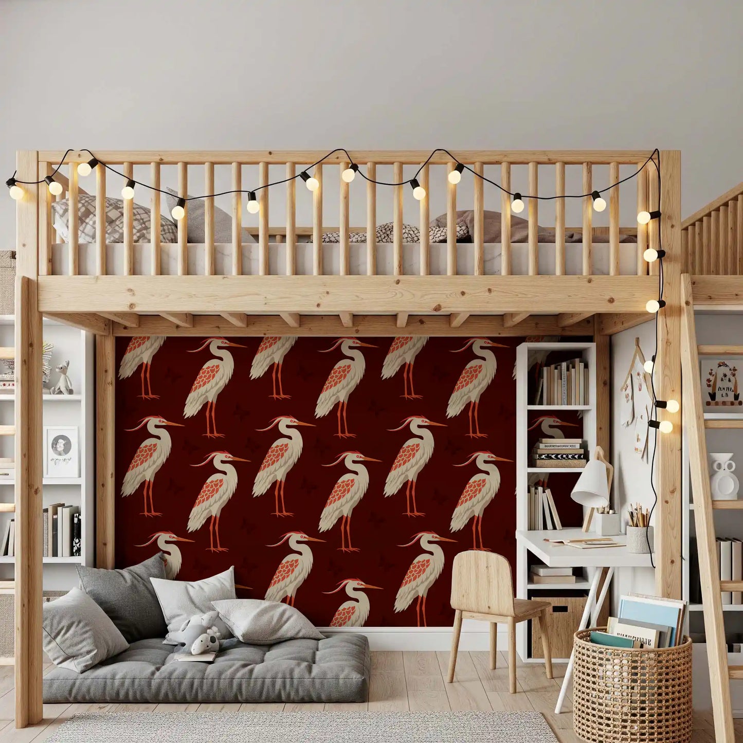 Burgundy Heron & Butterflies Wall Mural