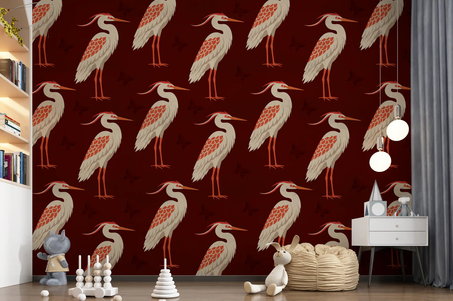 Burgundy Heron & Butterflies Wall Mural