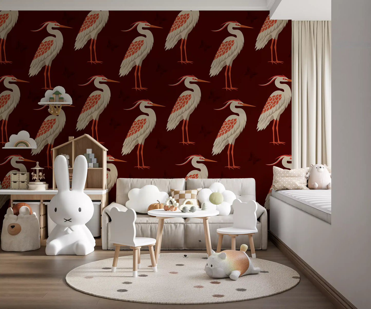 Burgundy Heron & Butterflies Wall Mural