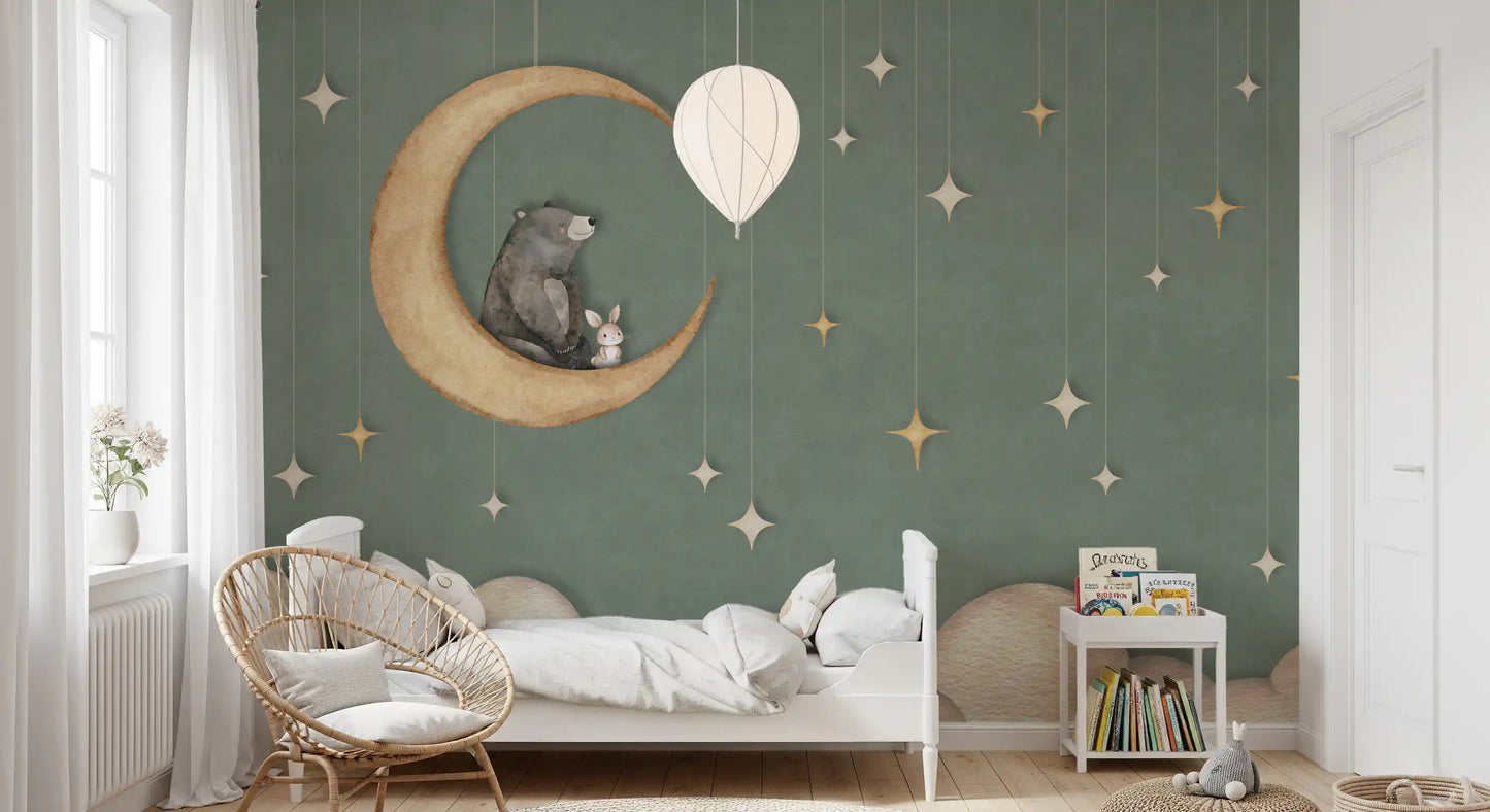 Bear on The Moon Green Wall Mural