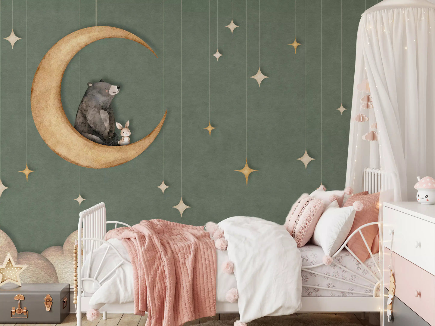 Bear on The Moon Green Wall Mural
