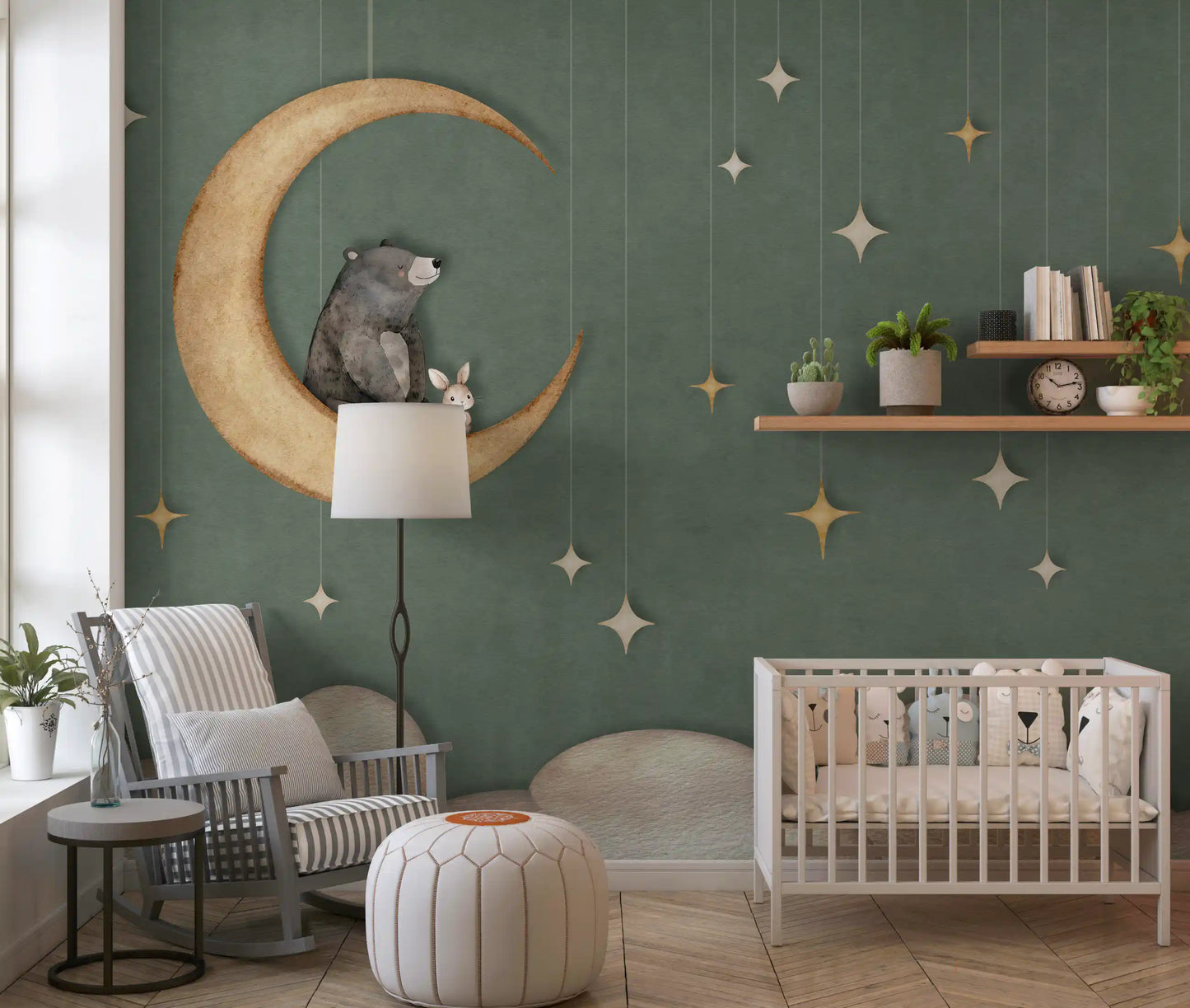 Bear on The Moon Green Wall Mural