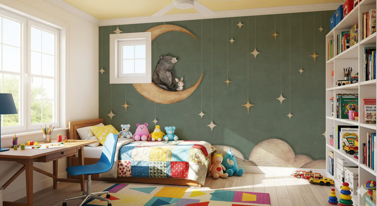 Bear on The Moon Green Wall Mural