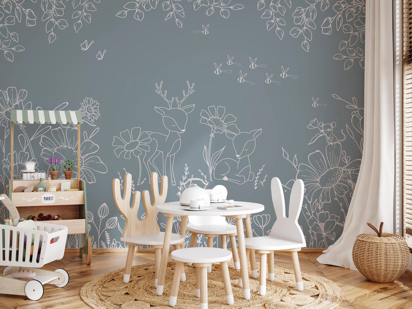 Deer Doodles Blue Wall Mural