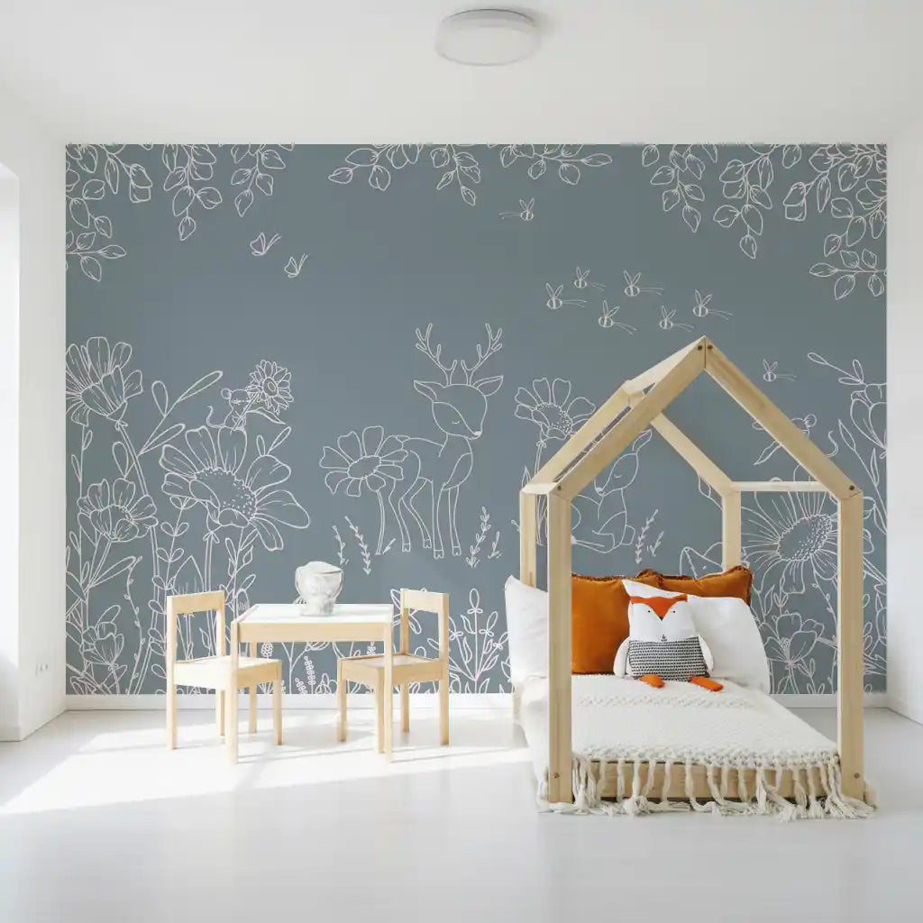 Deer Doodles Blue Wall Mural