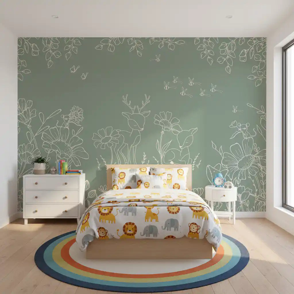 Deer Doodles Green Wall Mural