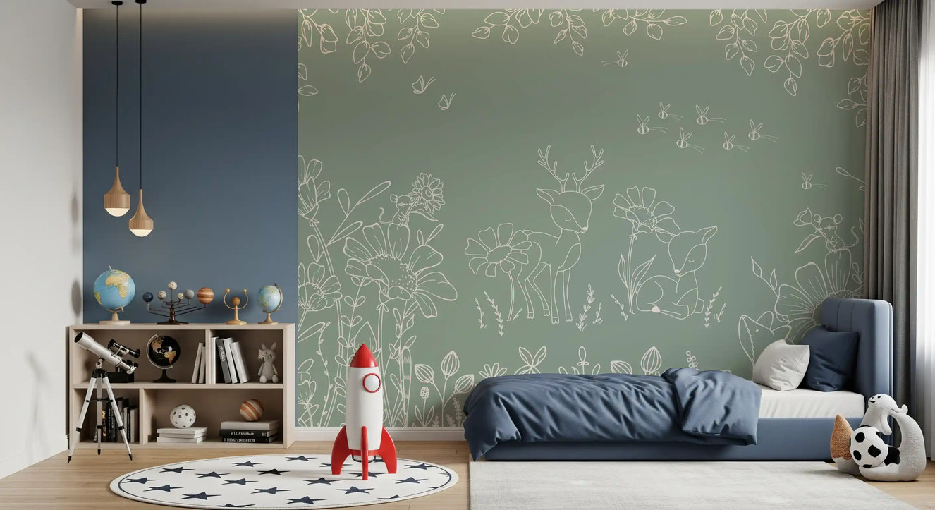 Deer Doodles Green Wall Mural