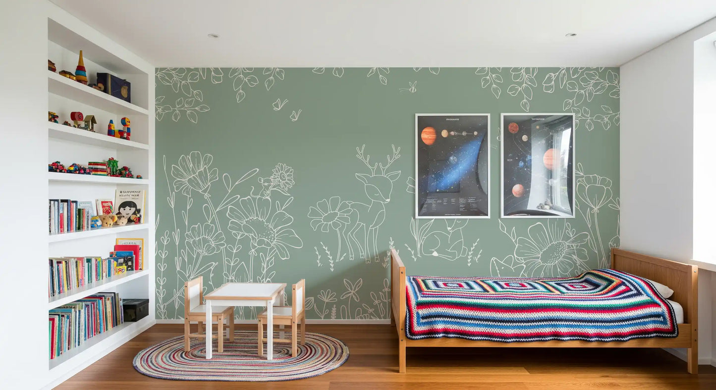 Deer Doodles Green Wall Mural