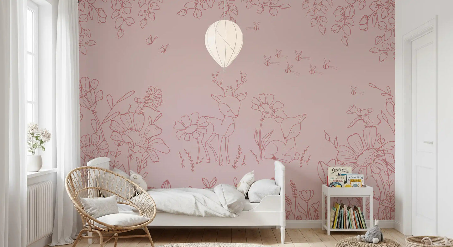 Deer Doodles Pink Dark Wall Mural